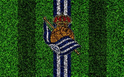 Real Sociedad, 4k, logo, football lawn, Spanish football club, blue white lines, grass texture, emblem, San Sebastian, Spain, football