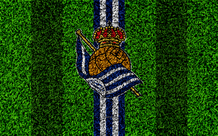Real Sociedad, 4k, logo, football lawn, Spanish football club, blue white lines, grass texture, emblem, San Sebastian, Spain, football