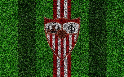 Sevilla FC, 4k, logo, football lawn, Spanish football club, red white lines, grass texture, emblem, Sevilla, Spain, football