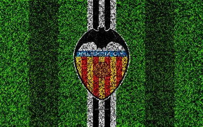 Valencia CF, 4k, logo, football lawn, Spanish football club, black and white lines, grass texture, emblem, Valencia, Spain, football, Valencia FC