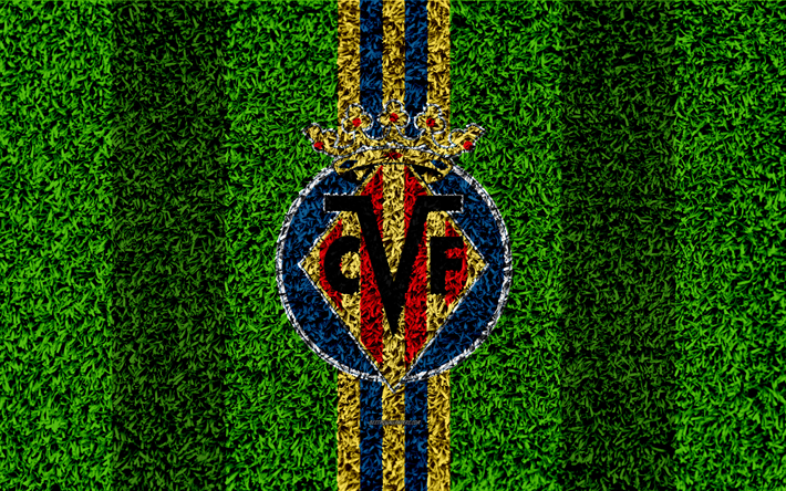 Le Villarreal CF, 4k, logo, football de la pelouse, le club de football espagnol, jaune, bleu lignes, de l&#39;herbe, de la texture, de l&#39;embl&#232;me, Villarreal, Espagne, football, FC Villarreal