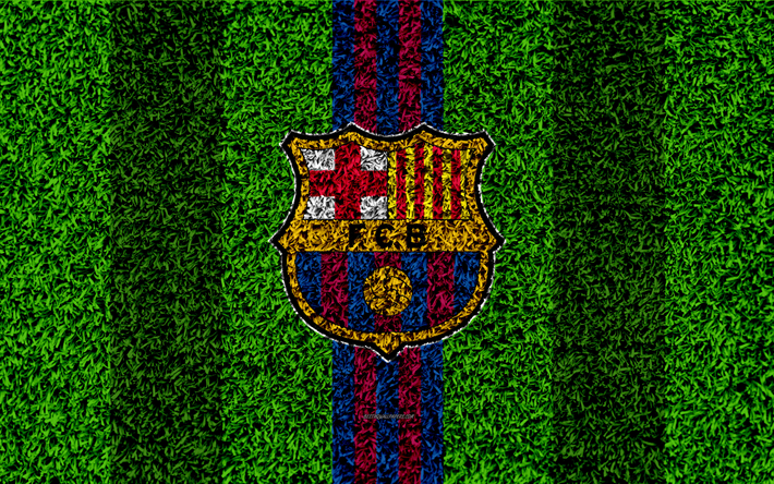 FC Barcelona, 4k, logo, football lawn, Spanish football club, blue maroon lines, grass texture, emblem, Barcelona, Catalonia, Spain, football
