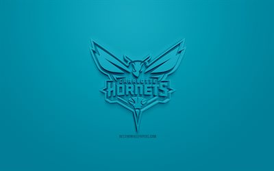 Charlotte Hornets, creative 3D logo, turquoise background, 3d emblem, American basketball club, NBA, Charlotte, North Carolina, USA, National Basketball Association, 3d art, basketball, 3d logo