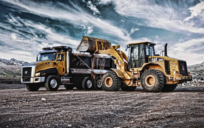 Caterpillar 950H, Caterpillar CT610, CAT, construction vehicles, dump truck, loading of stones concepts, excavator, delivery of sand concepts, USA