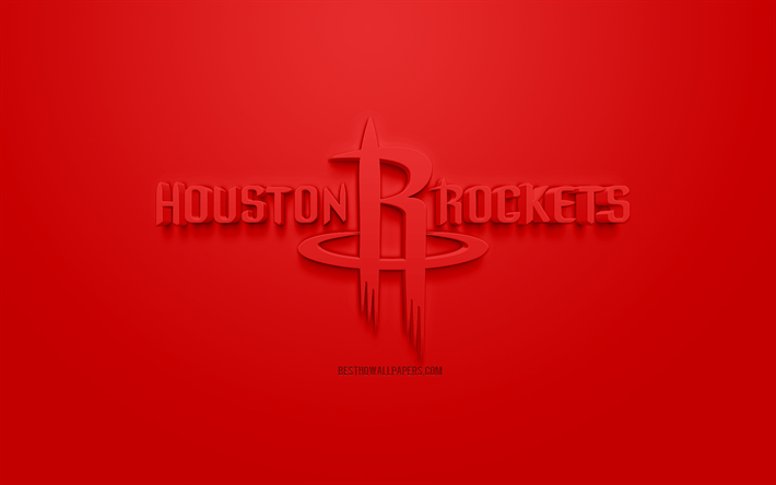 هيوستن روكتس, الإبداعية شعار 3D, خلفية حمراء, 3d شعار, نادي كرة السلة الأمريكي, الدوري الاميركي للمحترفين, هيوستن, تكساس, الولايات المتحدة الأمريكية, الرابطة الوطنية لكرة السلة, الفن 3d, كرة السلة, شعار 3d