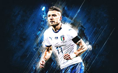 Ciro Immobile, Italy national football team, number 11, striker, portrait, creative art, blue stone background, art, Italy, football