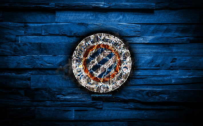 Montpellier FC, fiery logo, Ligue 1, blue wooden background, french football club, grunge, Montpellier HSC, football, soccer, Montpellier logo, fire texture, France