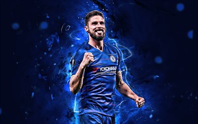 Olivier Giroud, iloa, Chelsea FC, ranskalaiset jalkapalloilijat, tavoite, jalkapallo, Giroud, Premier League, sininen tausta, neon valot, Englanti