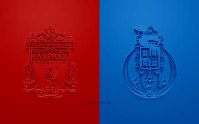 Liverpool FC vs FC Porto, UEFA Champions League, luova 3D art, mainosmateriaali, puoliv&#228;lier&#228;ss&#228;, 3D logo, punainen-sininen tausta, Liverpool FC, FC Porto