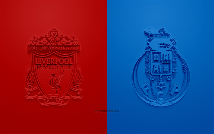 リバプールFC vsポルトFC, UEFAチャンピオンズリーグ, 創作3Dアート, 販促物, 準々決勝, 3Dロゴ, 赤色-青色の背景, リバプールFC, ポルトFC