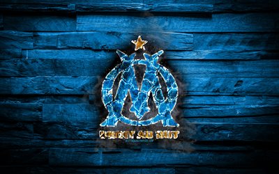 Olympique Marseille FC, fiery logo, OM, Ligue 1, blue wooden background, french football club, grunge, Olympique de Marseille, football, soccer, Olympique Marseille logo, fire texture, France