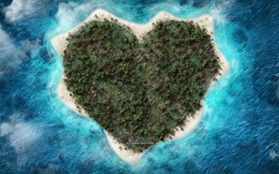 Island heart, ocean, love concepts, tropical island, top view, aero view, creative art, heart