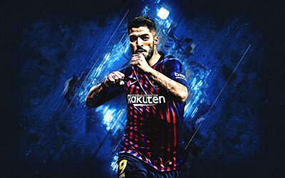 Luis Suarez, Barcelona FC, Uruguayan footballer, striker, blue stone background, creative art, portrait, La Liga, Spain, Catalonia