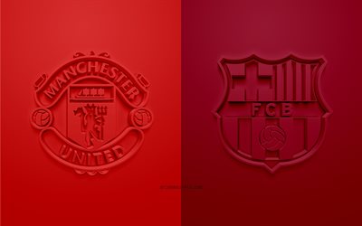 Manchester United FC vs FC Barcelona, UEFA Champions League, luova 3D art, mainosmateriaali, puoliv&#228;lier&#228;ss&#228;, 3D logo, punainen viininpunainen tausta, FC Barcelona, Manchester United FC