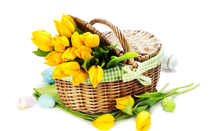سلة مع زهور الأقحوان الصفراء, بيض عيد الفصح, خلفية بيضاء, الزنبق الأصفر, الربيع, الزهور الصفراء, عيد الفصح