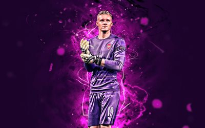 Bernd Leno, goalkeeper, violet uniform, Arsenal FC, soccer, Leno, german footballers, Premier League, footballers, The Gunners, neon lights
