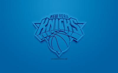 نيويورك نيكس, الإبداعية شعار 3D, خلفية زرقاء, 3d شعار, نادي كرة السلة الأمريكي, الدوري الاميركي للمحترفين, نيويورك, الولايات المتحدة الأمريكية, الرابطة الوطنية لكرة السلة, الفن 3d, كرة السلة, شعار 3d