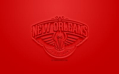 New Orleans Pelicans, cr&#233;atrice du logo 3D, fond rouge, 3d embl&#232;me, American club de basket-ball, la NBA, la Nouvelle-Orl&#233;ans, Louisiane, etats-unis, la National Basketball Association, art 3d, basket-ball, le logo 3d