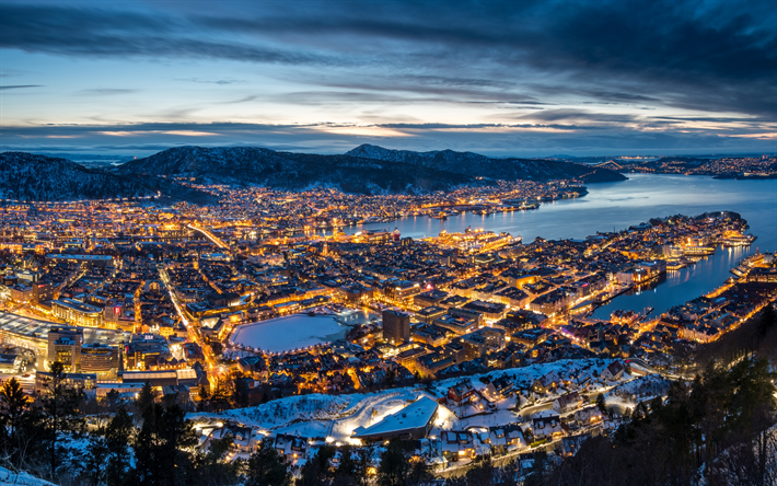 Bergen, paisaje, noche, puesta de sol, las luces de la ciudad, noruego ciudad, Noruega