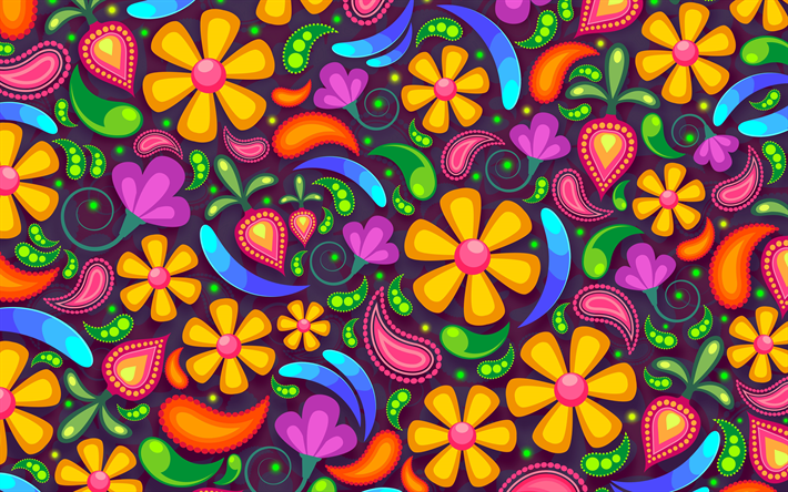 colorido patr&#243;n floral, 4k, dise&#241;o floral, flores de colores, fondo con flores, estampados de flores