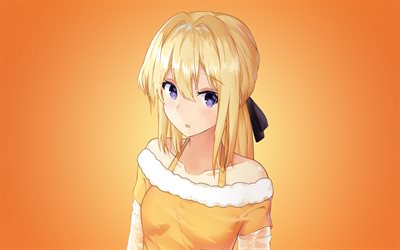 4k, Violetti Evergarden, oranssi tausta, soturi, anime merkki&#228;, manga