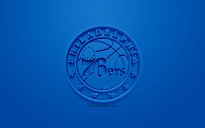 Philadelphia 76ers, luova 3D logo, sininen tausta, 3d-tunnus, American basketball club, NBA, Philadelphia, Pennsylvania, USA, National Basketball Association, 3d art, koripallo, 3d logo