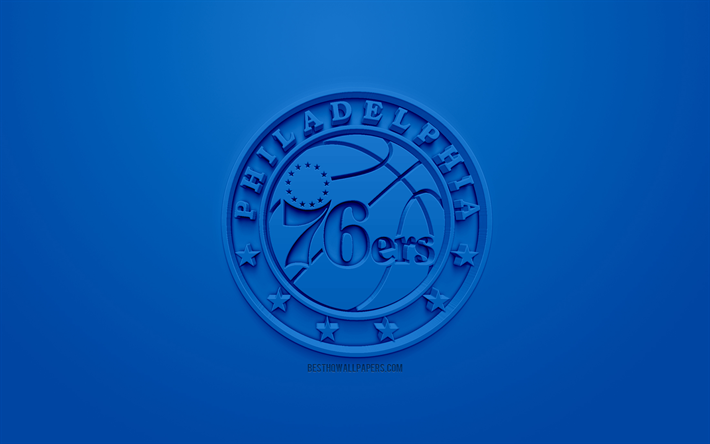 フィラデルフィア76ers, 創作3Dロゴ, 青色の背景, 3dエンブレム, アメリカのバスケットボール部, NBA, フィラデルフィア, ペンシルバニア, 米国, 全国バスケットボール協会, 3dアート, バスケット, 3dロゴ