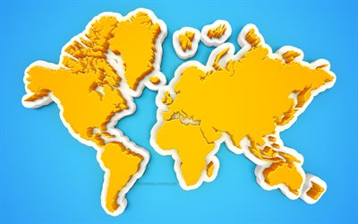 創作3Dの世界地図, 青色の背景, 黄色い世界地図, 3dアート, 世界地図概念
