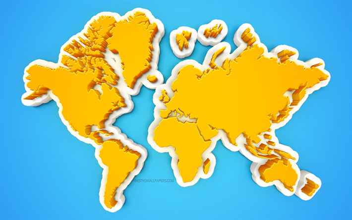 Creative 3D world map, blue background, yellow world map, 3d art, world map concepts