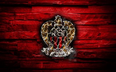 Nice FC, fiery logo, Ligue 1, red wooden background, french football club, grunge, OGC Nice, football, soccer, Nice logo, fire texture, France