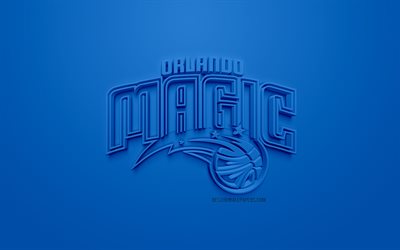 オーランドの魔法の, 創作3Dロゴ, 青色の背景, 3dエンブレム, アメリカのバスケットボール部, NBA, オーランド, フロリダ, 米国, 全国バスケットボール協会, 3dアート, バスケット, 3dロゴ