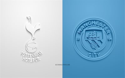 Il Tottenham Hotspur FC vs Manchester City FC in UEFA Champions League, creativo, arte 3D, materiali promozionali, quarti di finale, logo 3D, bianco, sfondo blu, Manchester City FC, Tottenham Hotspur