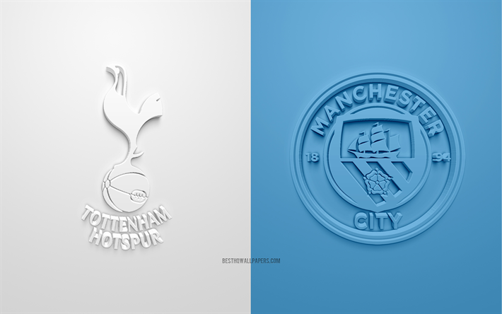 Tottenham Hotspur FC vs Manchester City FC, UEFA Champions League, kreativa 3D-konst, pr-material, kvartsfinal, 3D-logotyp, vit bl&#229; bakgrund, Manchester City FC, Tottenham Hotspur