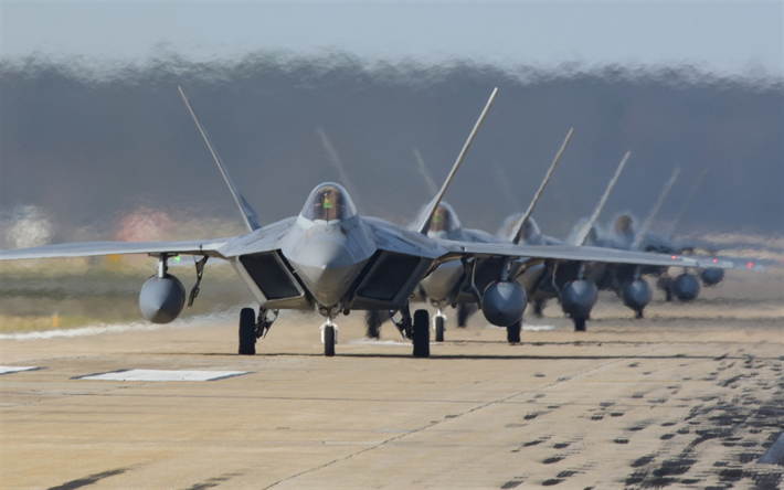 Lockheed Martin F-22 Raptor, de la USAF, el F-22, campo de aviaci&#243;n militar, en la pista, aviones militares, aviones de combate