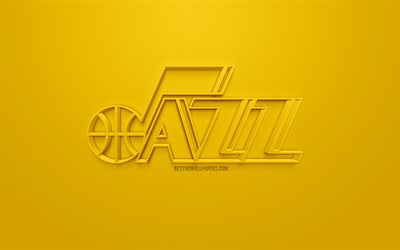 Utah Jazz, 創作3Dロゴ, 黄色の背景, 3dエンブレム, アメリカのバスケットボール部, NBA, ソルトレイクシティ, ユタ, 米国, 全国バスケットボール協会, 3dアート, バスケット, 3dロゴ
