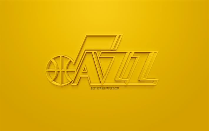 Utah Jazz, yaratıcı 3D logo, sarı arka plan, 3d amblemi, Amerikan basketbol kul&#252;b&#252;, NBA, Salt Lake City, Utah, ABD Ulusal Basketbol Birliği, 3d sanat, basketbol, 3d logo