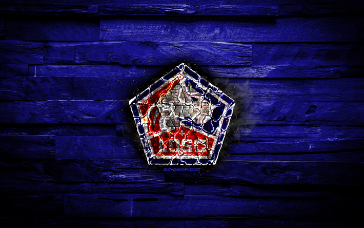 Lille FC, fiery logo, Ligue 1, blue wooden background, french football club, grunge, Lille OSC, football, soccer, Lille logo, fire texture, France