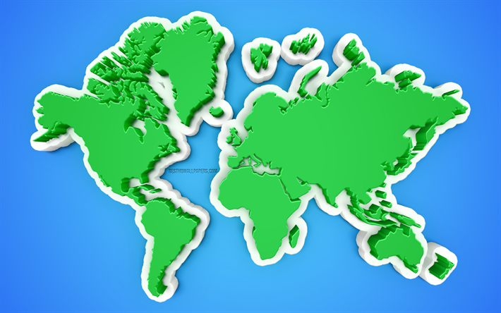 緑3dの世界地図, 3d作品, 独創的な世界地図, 青色の背景, 世界地図概念