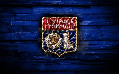 L&#39;Olympique Lyonnais FC, il logo fiery, Lega 1, in legno blu di sfondo, il club di calcio inglese, grunge, Lione FC, calcio, Olympique Lyonnais, logo, texture del fuoco, Francia