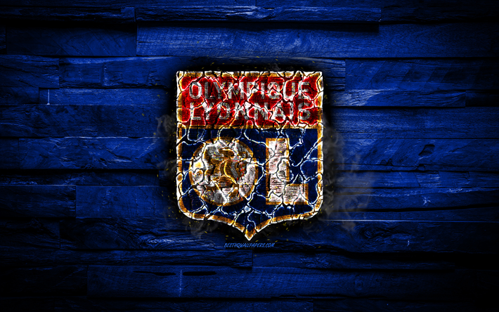 Olympique Lyonnais FC, fiery logo, Ligue 1, blue wooden background, french football club, grunge, Lyon FC, football, soccer, Olympique Lyonnais logo, fire texture, France
