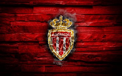 Monaco FC, fiery logo, Ligue 1, red wooden background, french football club, grunge, AS Monaco, football, soccer, AS Monaco logo, fire texture, France
