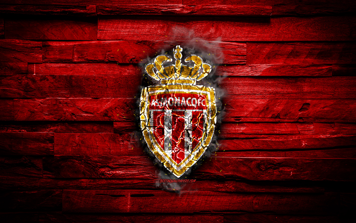 Monaco FC, ardente logotipo, Liga 1, madeira vermelho de fundo, clube de futebol franc&#234;s, grunge, As Monaco, futebol, COMO M&#244;naco logotipo, fogo textura, Fran&#231;a