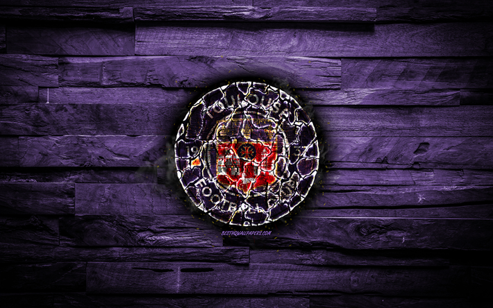 Toulouse FC, fiery logo, Ligue 1, violet wooden background, french football club, grunge, FC Toulouse, football, soccer, Toulouse new logo, fire texture, France