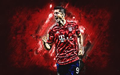 Robert Lewandowski, Polish football player, striker, Bayern Munich FC, red stone background, creative art, portrait, Bundes League, Germany, famous footballers, Lewandowski