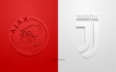 Ajax FC vs Juventus FC en la UEFA Champions League, creativo, arte 3d, materiales promocionales, cuartos de final, logo en 3D, rojo fondo blanco, Ajax FC, Juventus