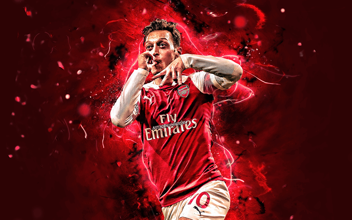 Mesut Ozil, personal celebration, Arsenal FC, goal, german footballers, soccer, Ozil, Premier League, football stars, England, The Gunners, neon lights