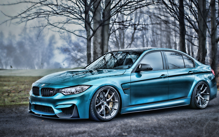 BMW M3, HDR, F80, tuning, outono, azul m3, supercarros, carros alem&#227;es, azul f80, BMW