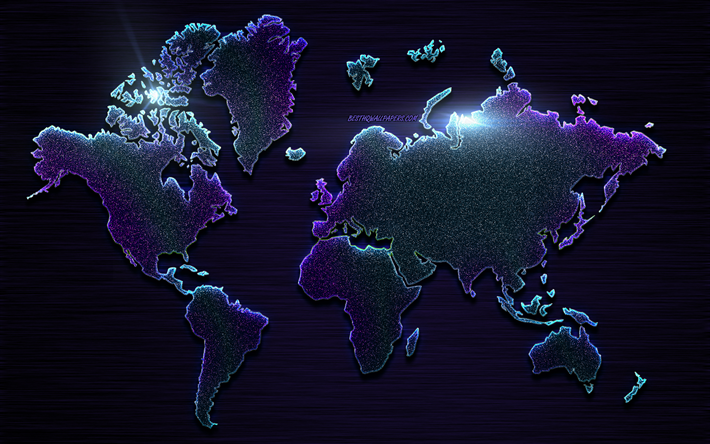 Purple glitter world map, creative art, purple world map, metal background, world map concepts, glitter