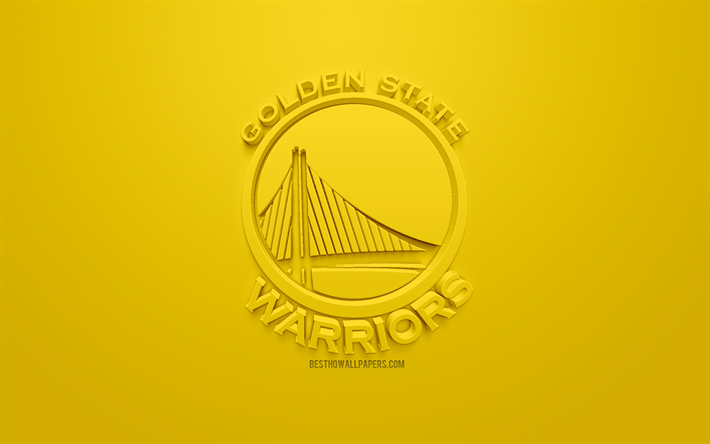 غولدن ستايت ووريورز, الإبداعية شعار 3D, خلفية صفراء, 3d شعار, نادي كرة السلة الأمريكي, الدوري الاميركي للمحترفين, أوكلاند, كاليفورنيا, الولايات المتحدة الأمريكية, الرابطة الوطنية لكرة السلة, الفن 3d, كرة السلة, شعار 3d