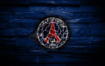 PSG, fiery logo, Ligue 1, blue wooden background, french football club, grunge, Paris Saint-Germain FC, football, soccer, PSG logo, fire texture, France
